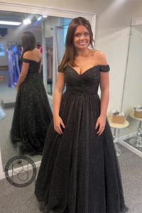 Sparkle Light Blue Off-the-Shoulder A-Line Prom Gown