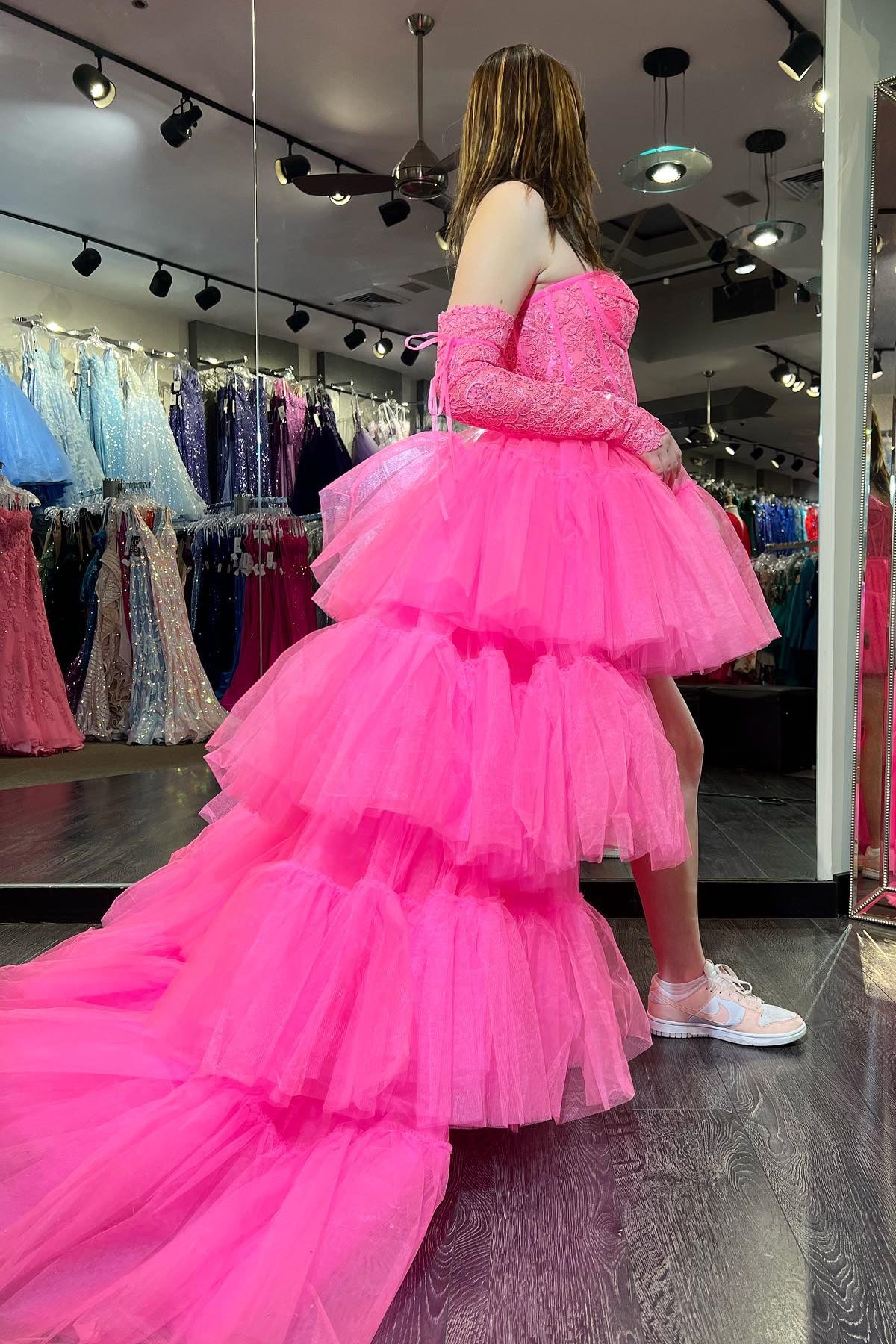 Hot Pink Lace Corset Tiered High-Low Prom Dress Dreamdressy Hot Pink Lace Corset Tiered High-Low Prom Dress Dreamdressy