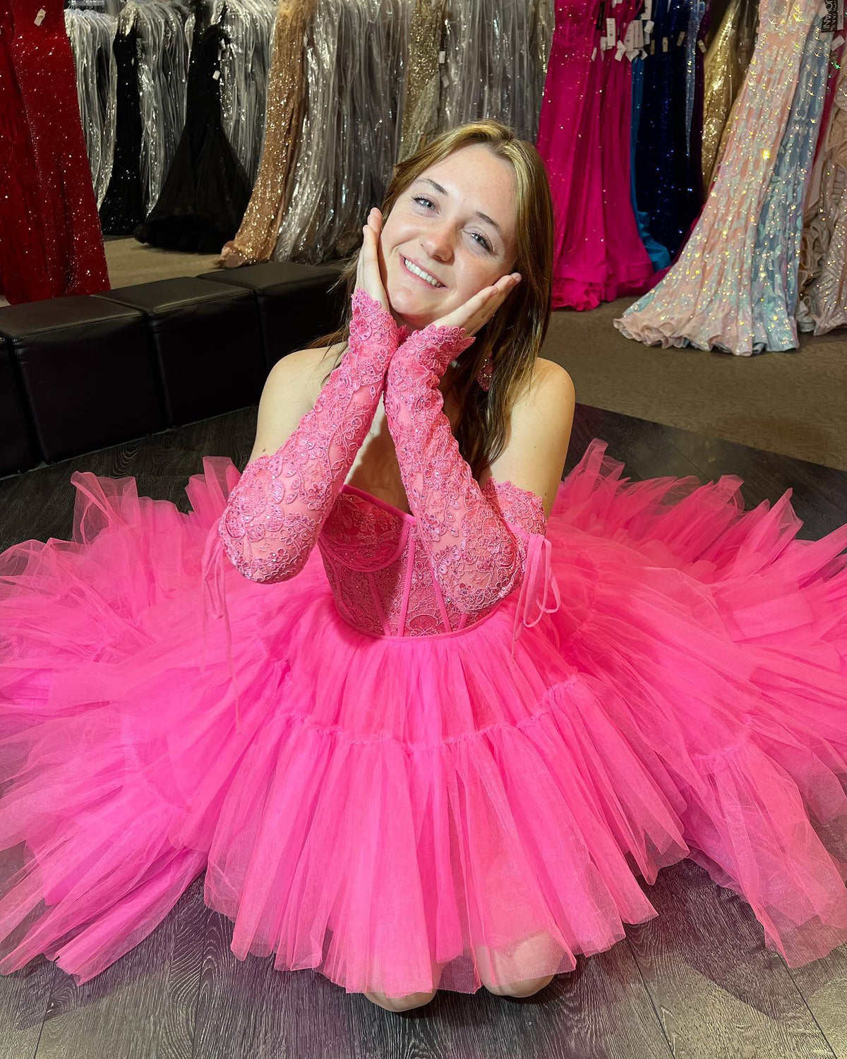 Hot Pink Lace Corset Tiered High-Low Prom Dress Dreamdressy Hot Pink Lace Corset Tiered High-Low Prom Dress Dreamdressy