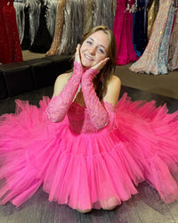 Hot Pink Lace Corset Tiered High-Low Prom Dress