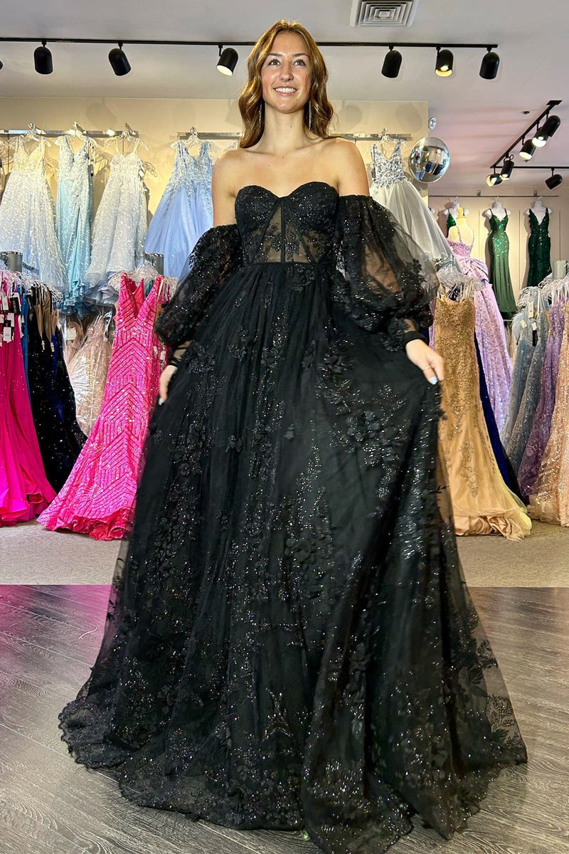 Blue 3D Floral Lace Sweetheart A-Line Prom Dress with Balloon Sleeves   Dreamdressy