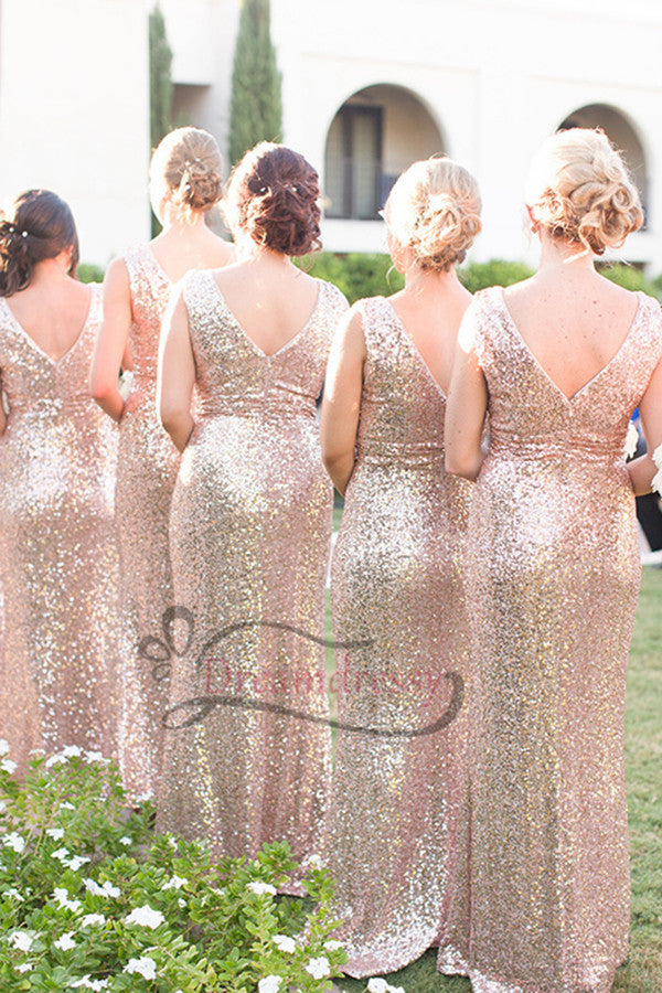 Elegant V-Neck Floor Length Sequins Gold Bridesmaid Dress – Dreamdressy