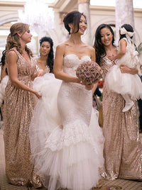 Elegant V-Neck Floor Length Sequins Gold Bridesmaid Dress