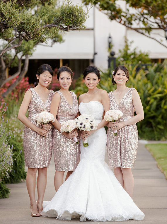 Hot-Selling V Neck Short Rose Gold Sequins Bridesmaid Dress Dreamdressy Hot-Selling V Neck Short Rose Gold Sequins Bridesmaid Dress Dreamdressy
