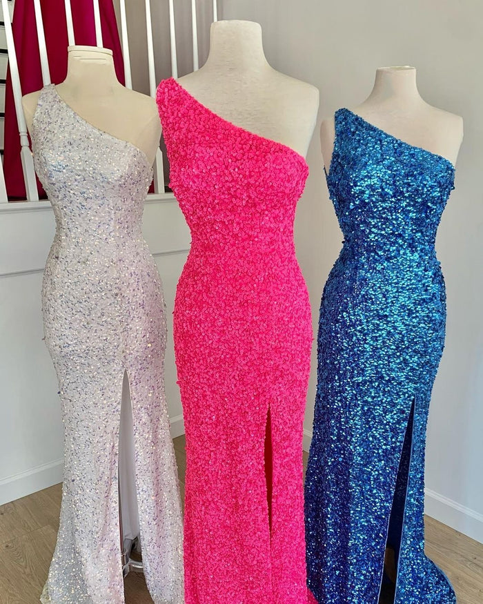 One Shoulder Hot Pink Sequins Long Formal Gown