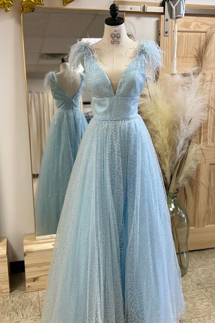 Glitter Feathers V-Neck Empire Waist A-Line Prom Gown