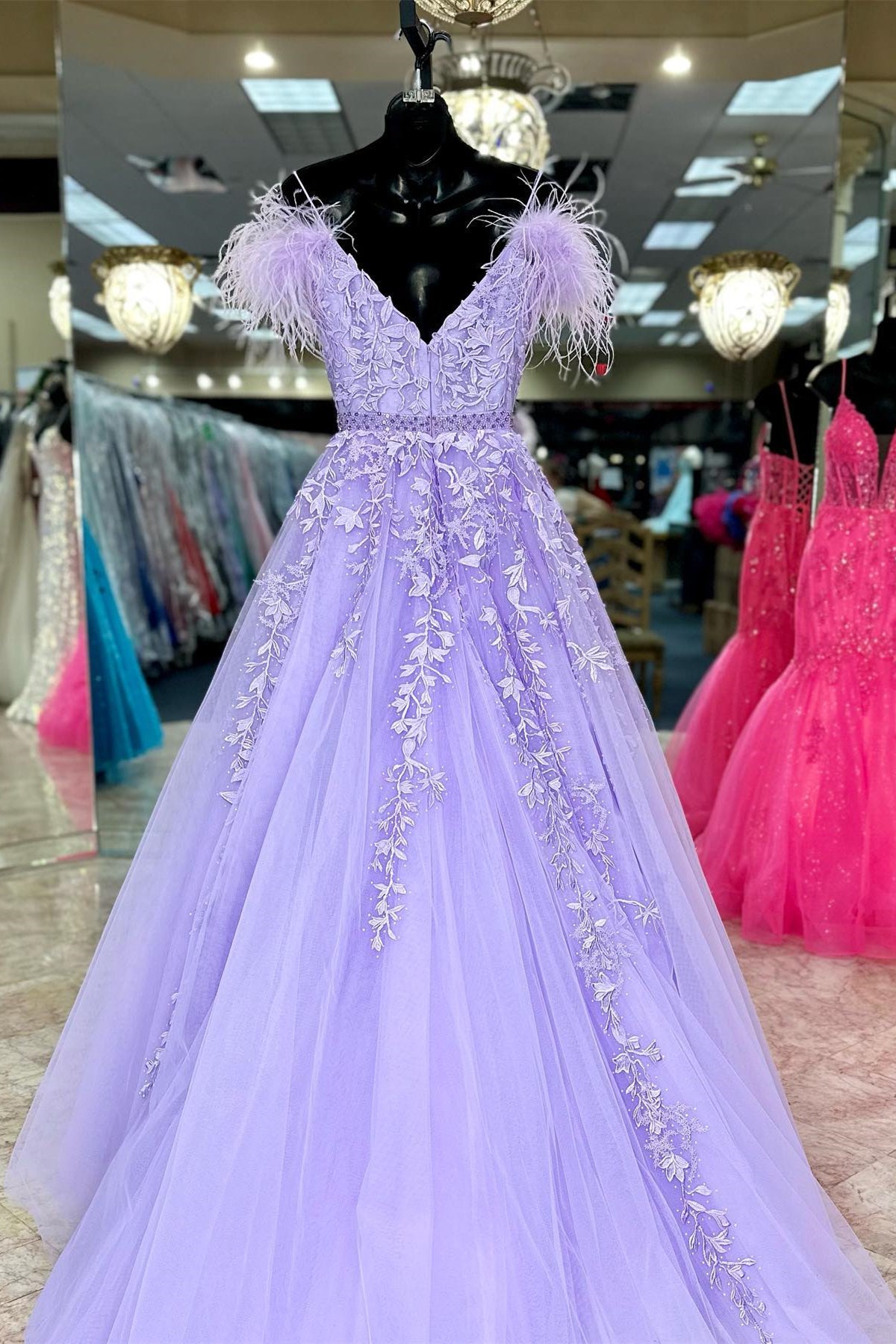 Ivory Appliques Feather Off-the-Shoulder A-Line Prom Gown