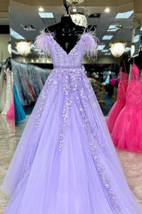 Ivory Appliques Feather Off-the-Shoulder A-Line Prom Gown