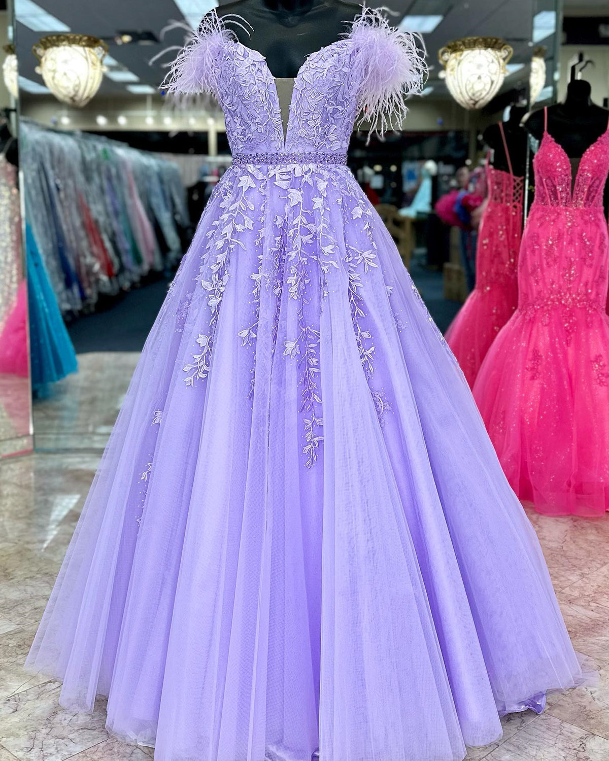 Ivory Appliques Feather Off-the-Shoulder A-Line Prom Gown