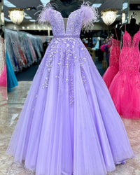 Ivory Appliques Feather Off-the-Shoulder A-Line Prom Gown