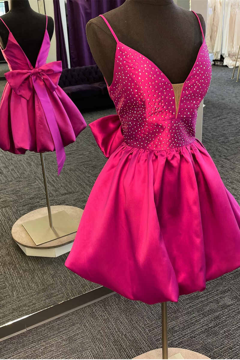 Glitter Magenta V-Neck Bow Back A-Line Short Homecoming Dress Glitter Magenta V-Neck Bow Back A-Line Short Homecoming Dress