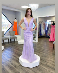 Plunge V Neck Lace Appliques Long Prom Dress