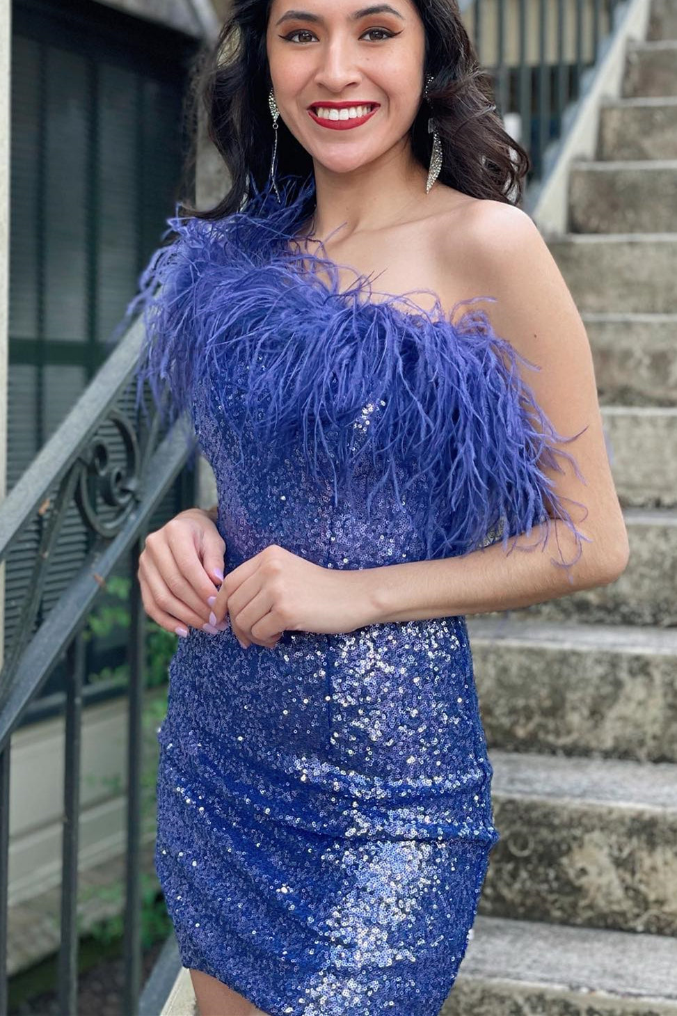 blue feather homecoming dress Rhinestones Plunging Neck Blue Feathers Trumpet Prom Dress