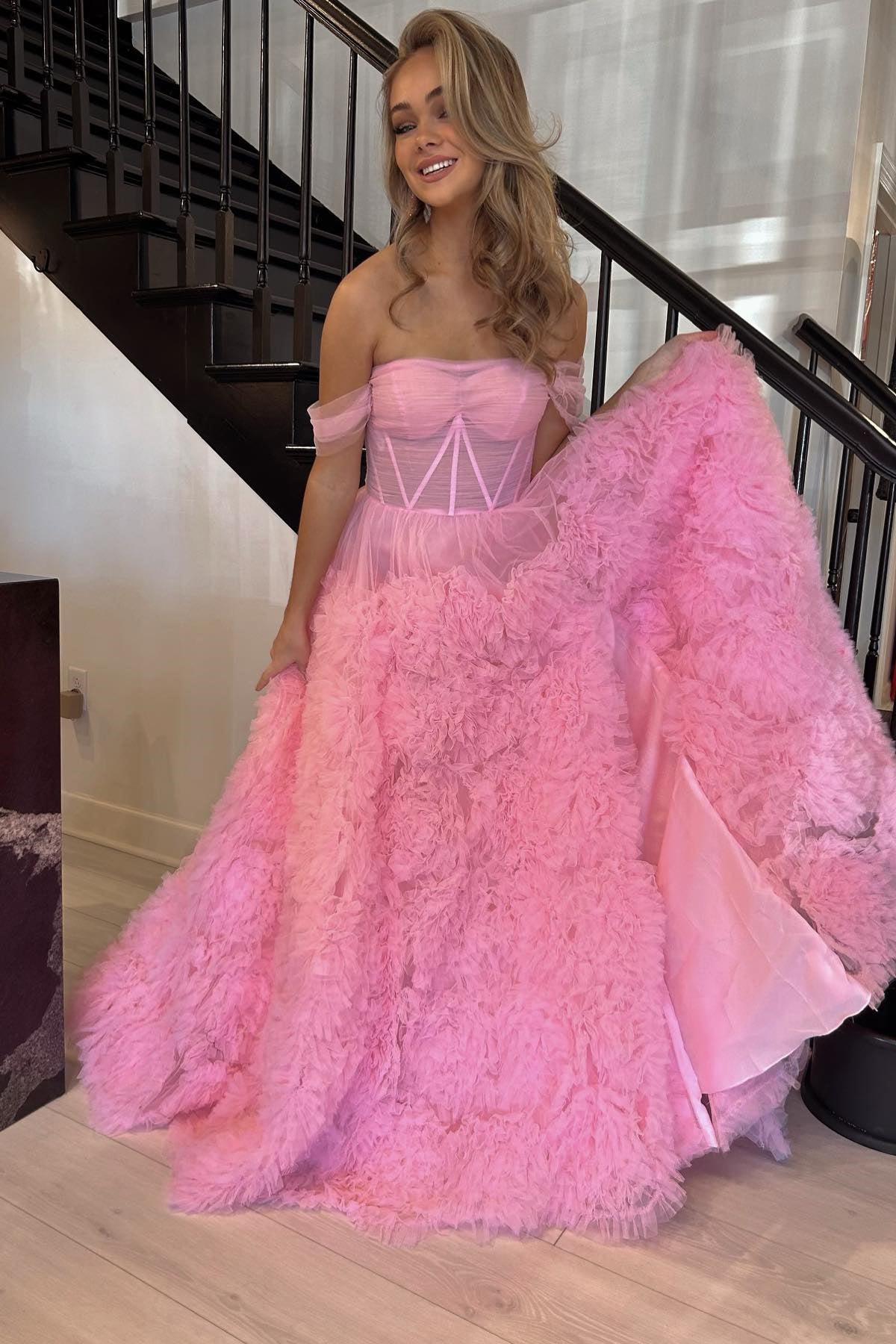 Light Blue Sheer Mesh Off-the-Shoulder Long Prom Dress with Ruffles