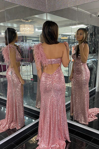 Blue Sequin One-Shoulder Cutout Feathers Mermaid Long Prom Gown