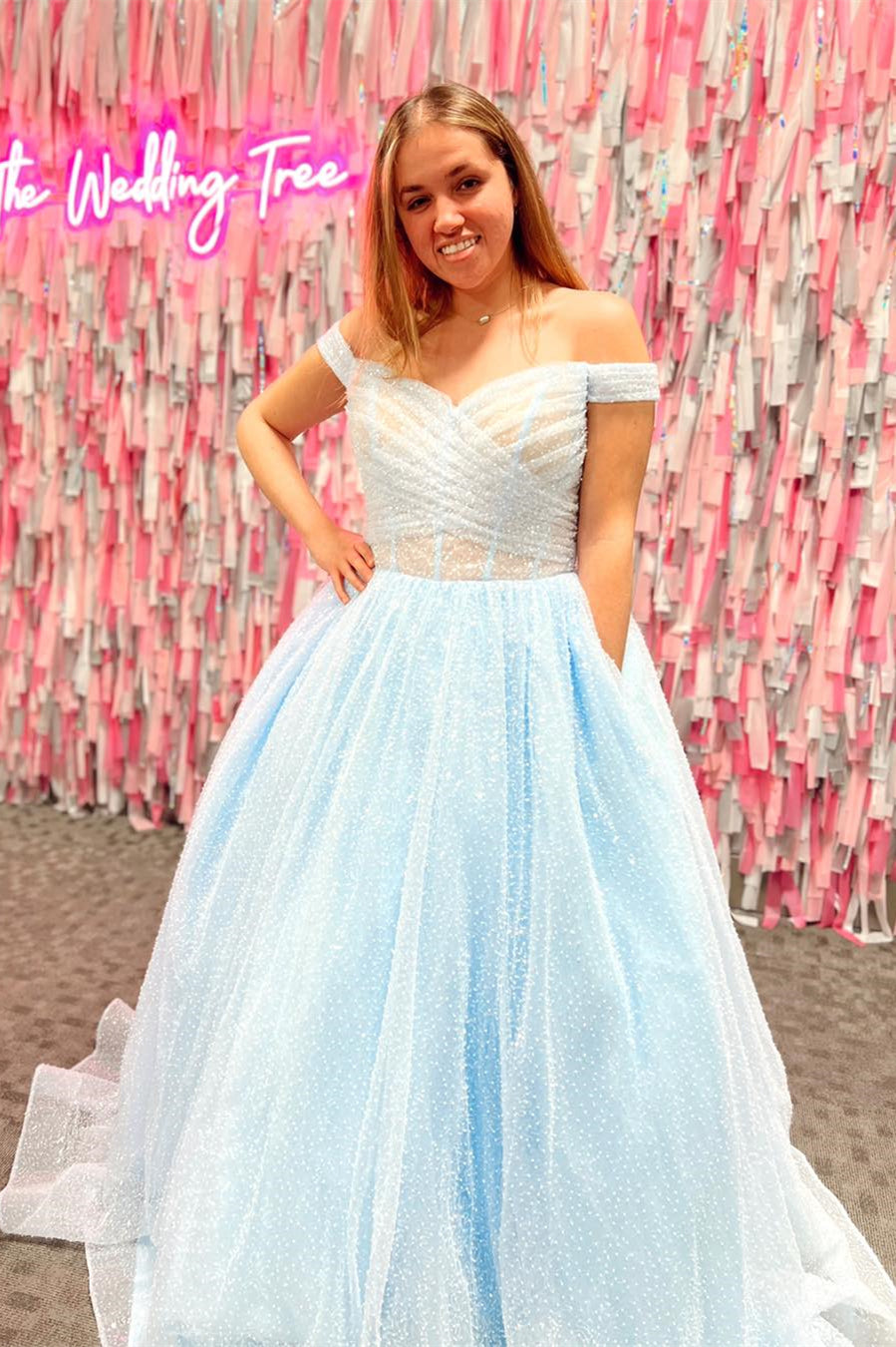 Sparkle Light Blue Off-the-Shoulder A-Line Prom Gown
